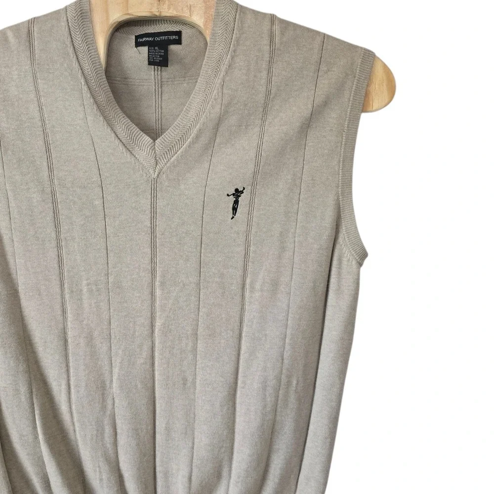 Fairway Outfitters Mens XL Beige Cotton Knit V-Neck Golf Sweater Vest Ribbed